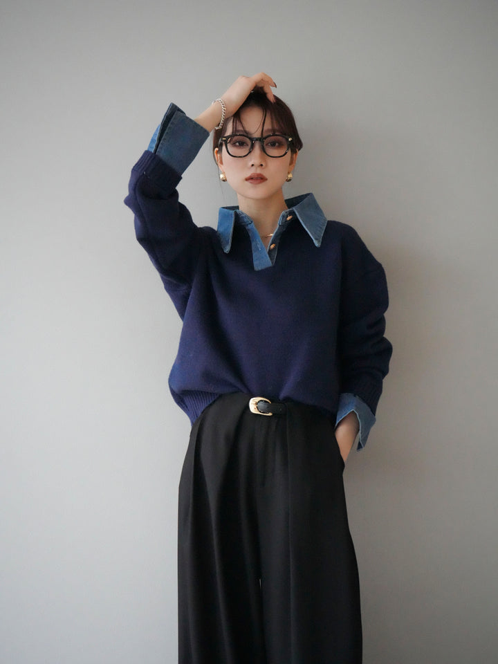 [SET]デニム襟ポロニットプルオーバー+ベルトループデザインワイドパンツ(2set)