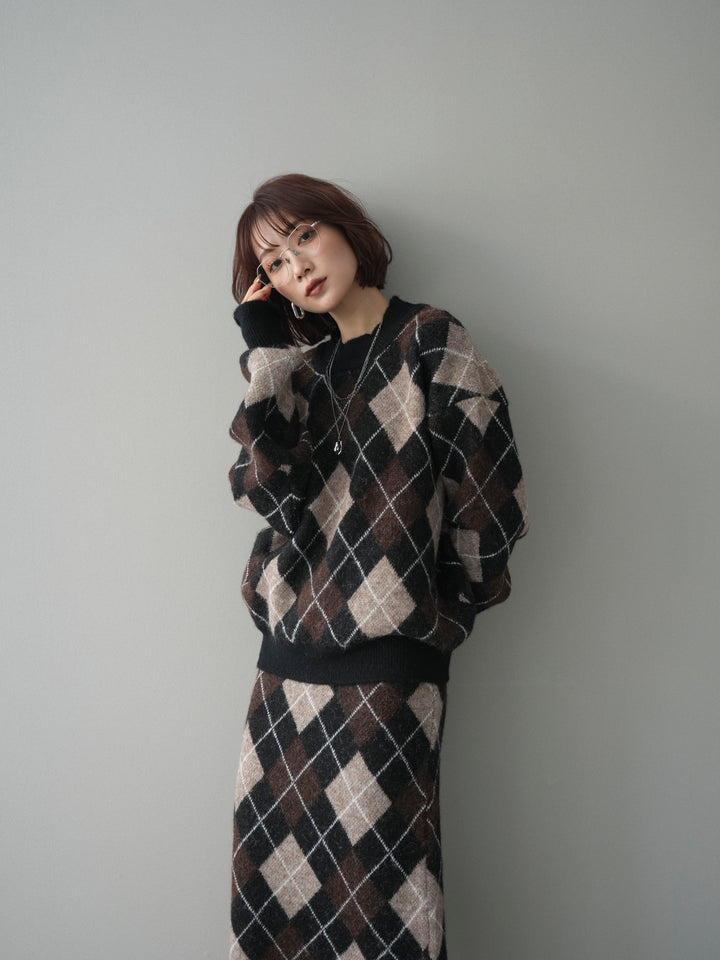 [SET]アーガイルニットプルオーバー&ロングスカートSET UP+選べるアクセセット(2set)