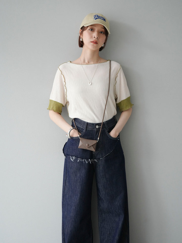 [SET] 百褶同色船領套頭衫 + 臀部設計牛仔褲（2 件組）