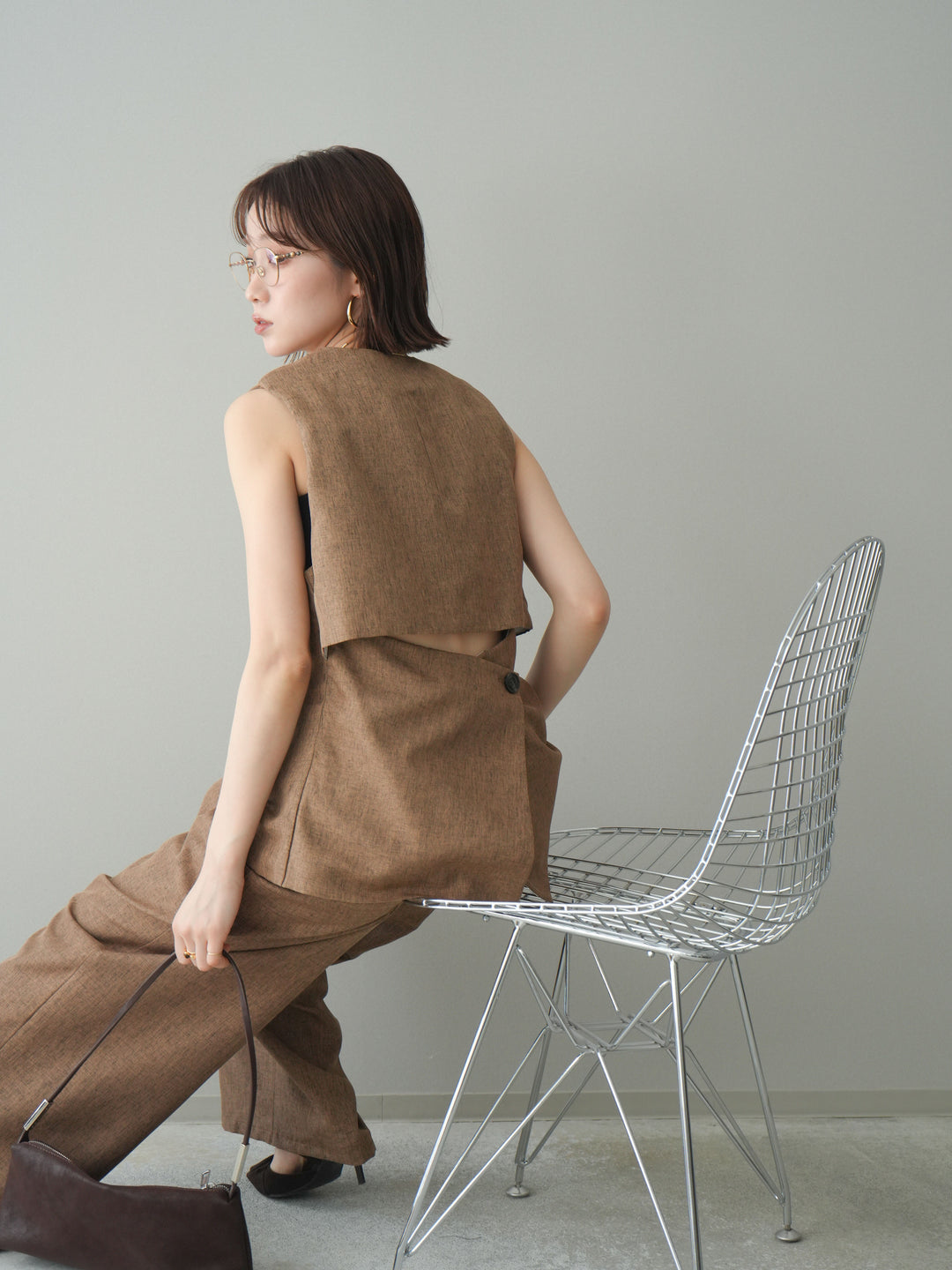 [SET]リネンライクバックオープンジレ+リネンライクタックワイドパンツ(2set)