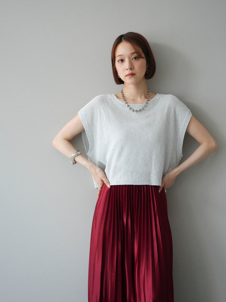 [SET]ネップヤーンクロップドニットベスト+サテンプリーツマキシスカート(2set)