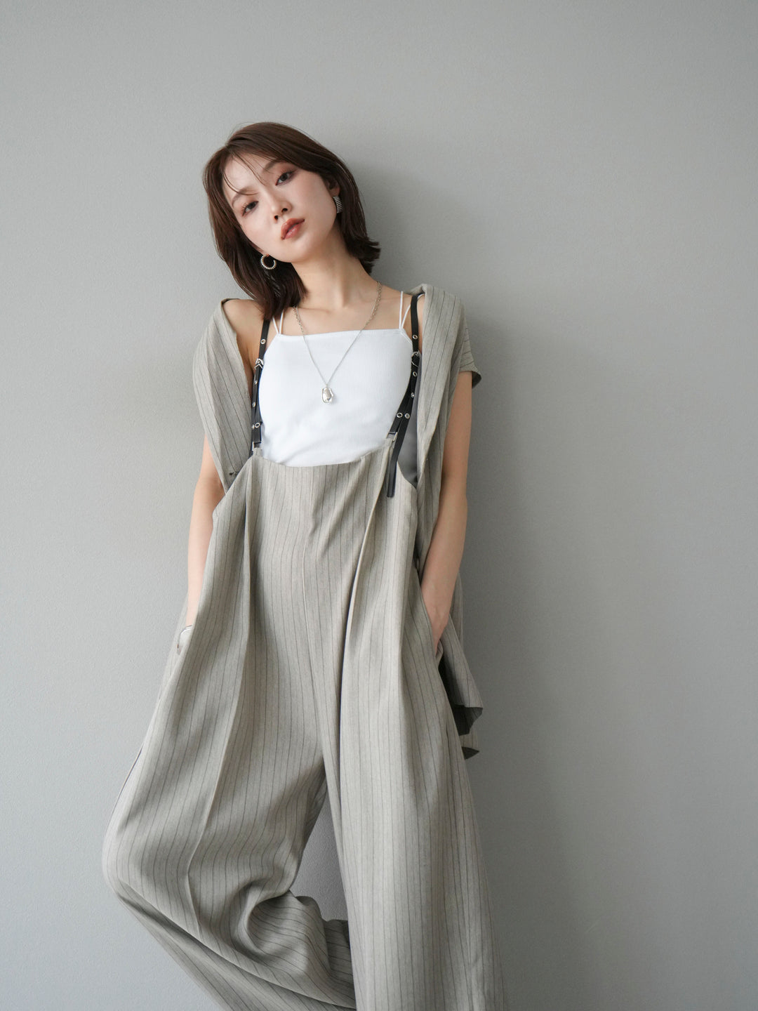 【着回しセット】[SET]ヘリンボーンストライプジレ+シアー切替ベロアトップス+ヘリンボーンストライプサロペット(3set)