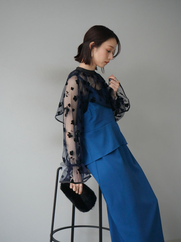 [予約]チュールフラワーフロッキーショートブラウス/ネイビー