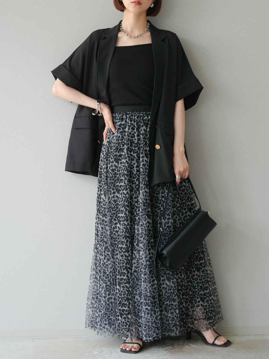 [予約]レオパードチュールレイヤードプリーツスカート/ブラック