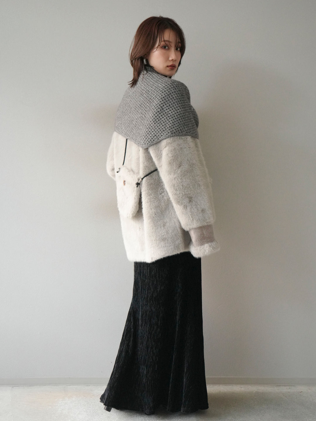 [予約]バッグ付エコファーノーカラーコート/gray