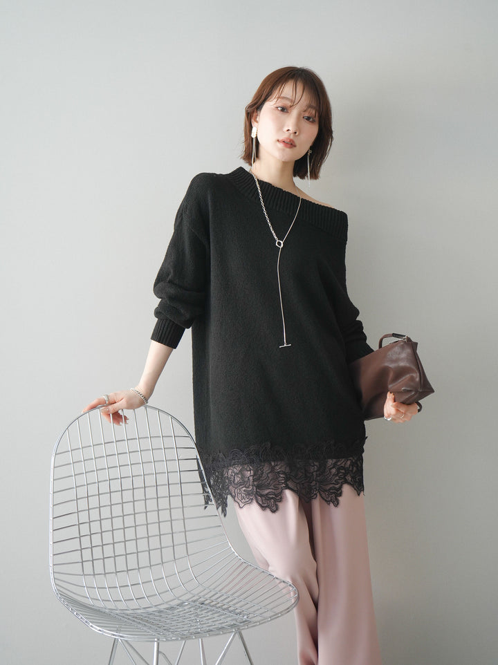 [SET]アシンメトリーレースヘムニットプルオーバー+ベルト付キーホルダーモチーフワイドパンツ(2set)