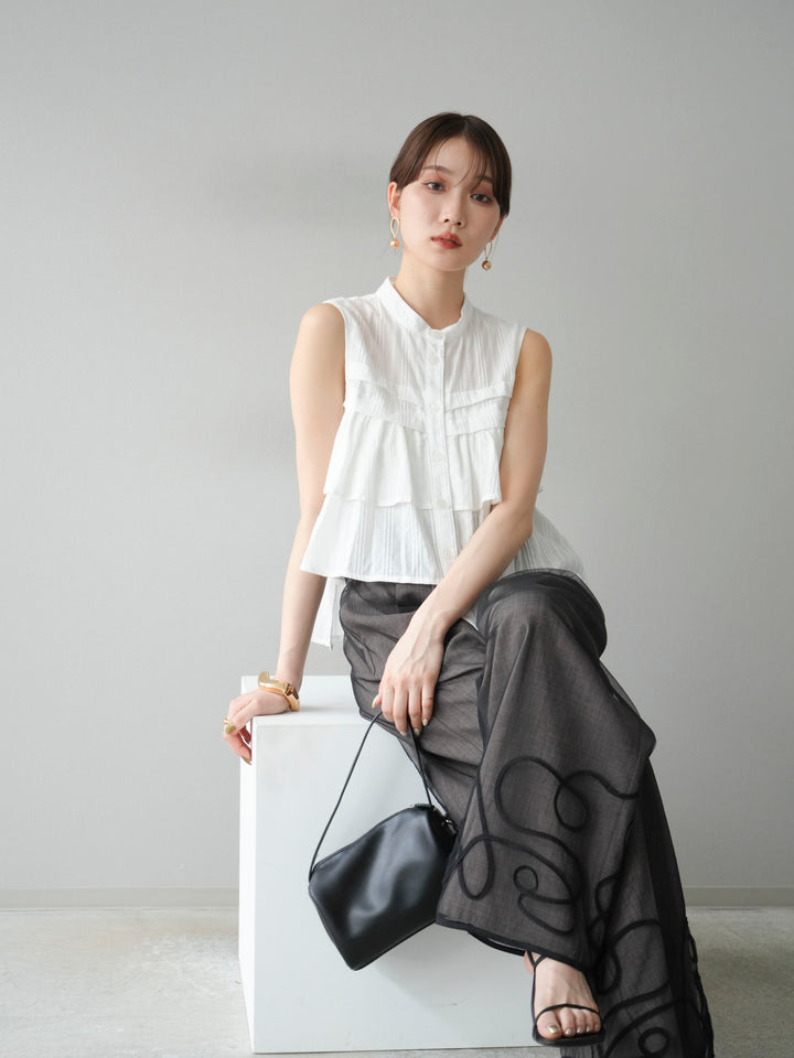 [SET]ドビーストライプアシンメトリーフリルノースリブラウス+リネンライクイージーワイドパンツ(2set)