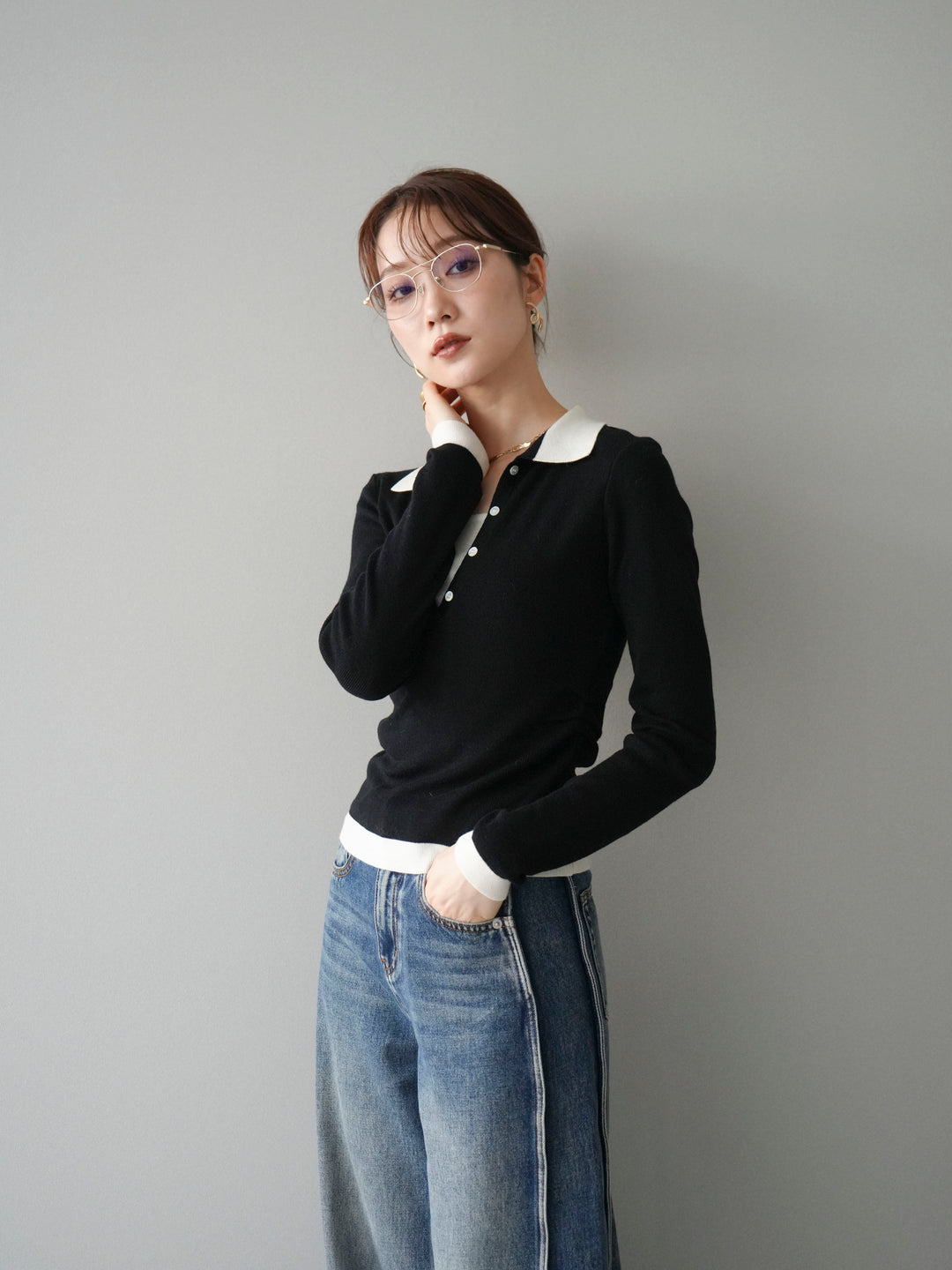 [予約]レイヤード配色ポロニットトップス/black