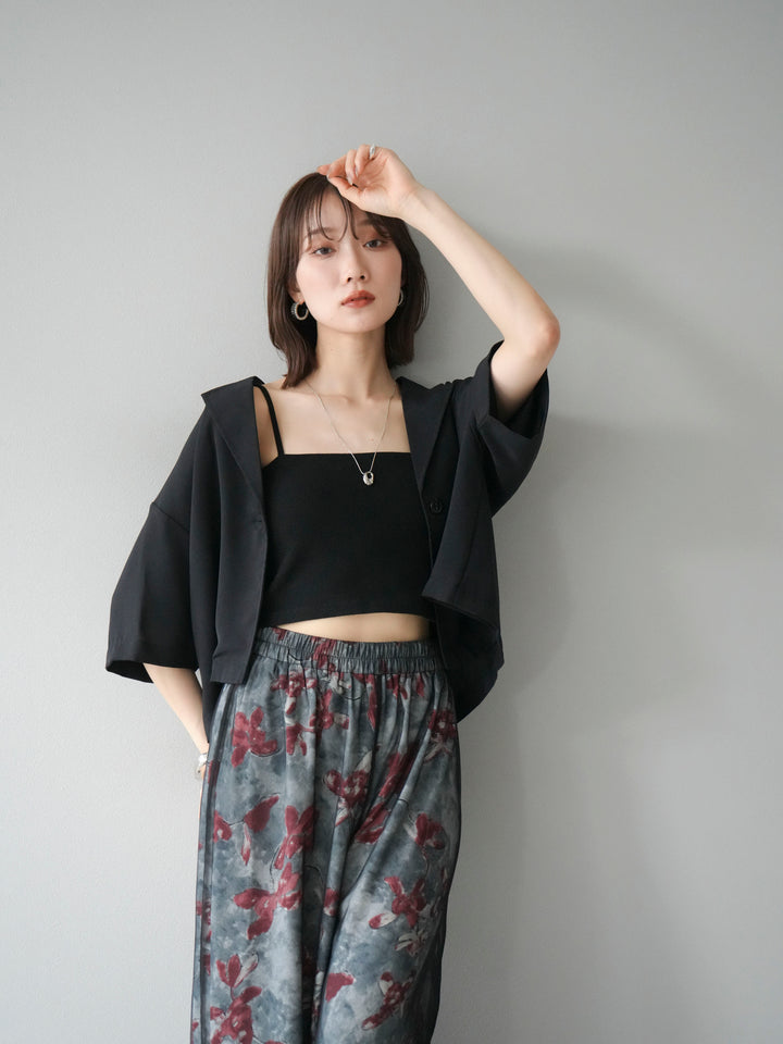 [SET]ハーフショートジャケット+フラワープリントチュールレイヤードパンツ(2set)