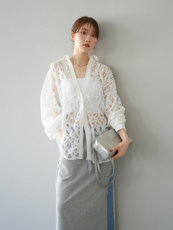 [SET]コードレースオーバーシャツ+デニムドッキングスウェットスカート(2set)