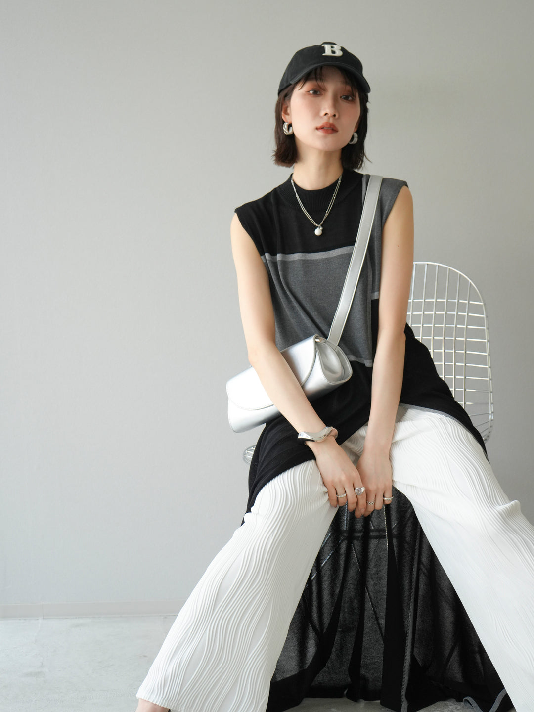 [SET] 配色開衩針織洋裝 + 波浪滾邊休閒褲 (2件套)