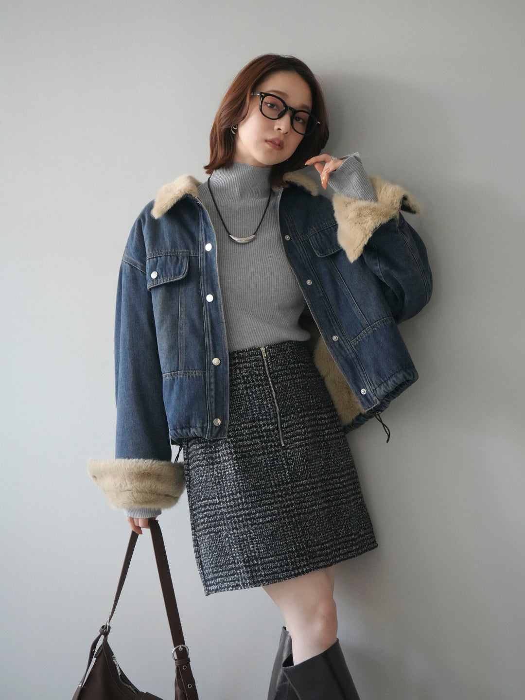 [予約]デニム×ファーステンカラーショートジャケット/blue