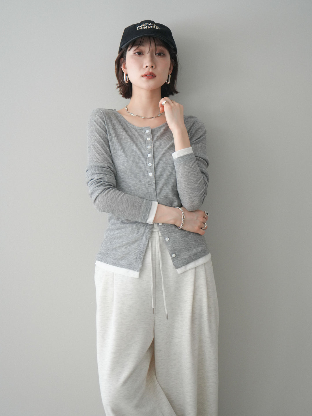 [予約]シアーリブバイカラーカーディガン/gray