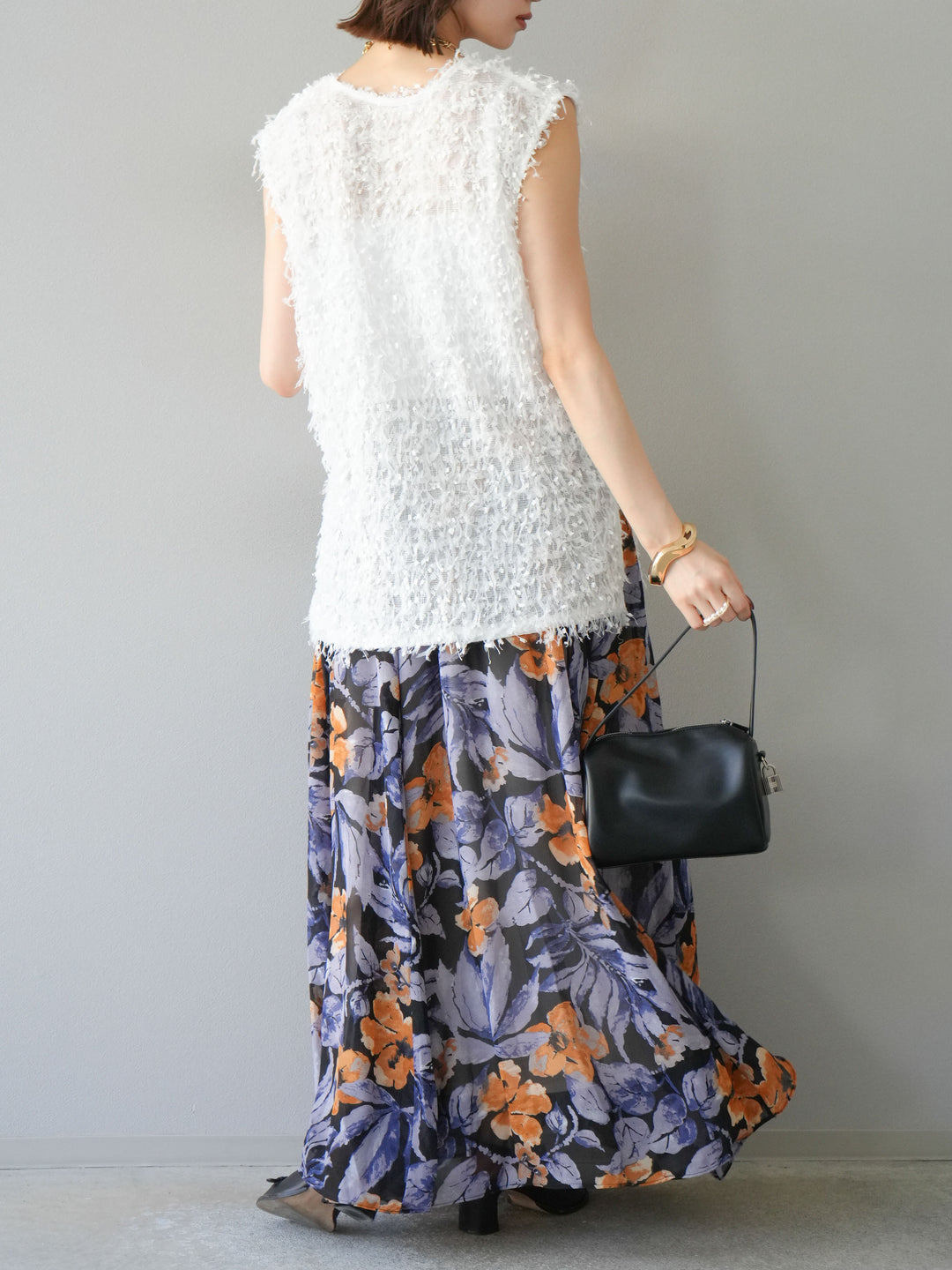 [予約]フラワープリントボリュームフレアスカート/ブラック