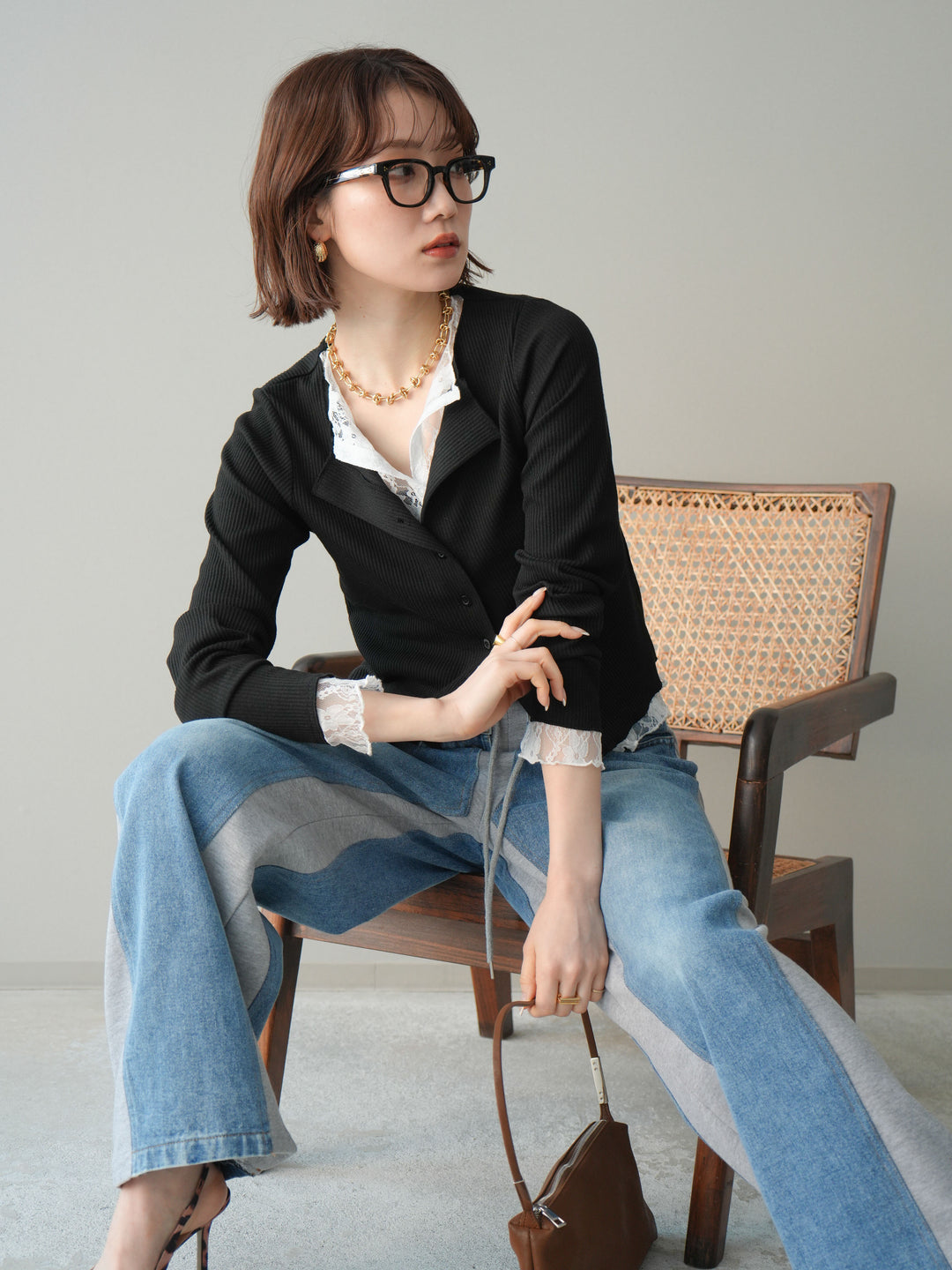 [SET]レースドッキングテレコリブカーディガン+デニム切替スウェットパンツ(2set)