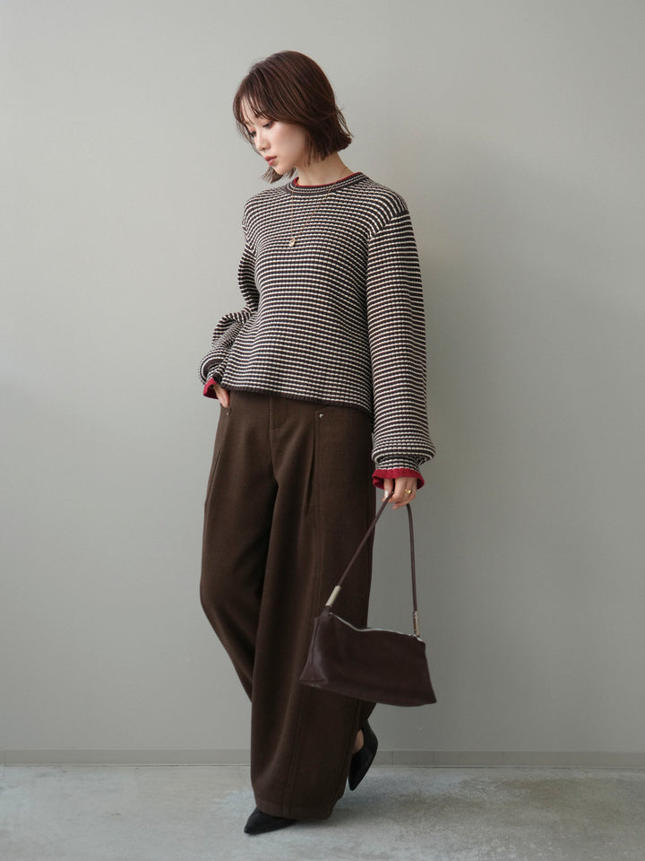 [SET]ラメ異素材ボーダーリブニットプルオーバー+ベルト付起毛コクーンパンツ(2set)