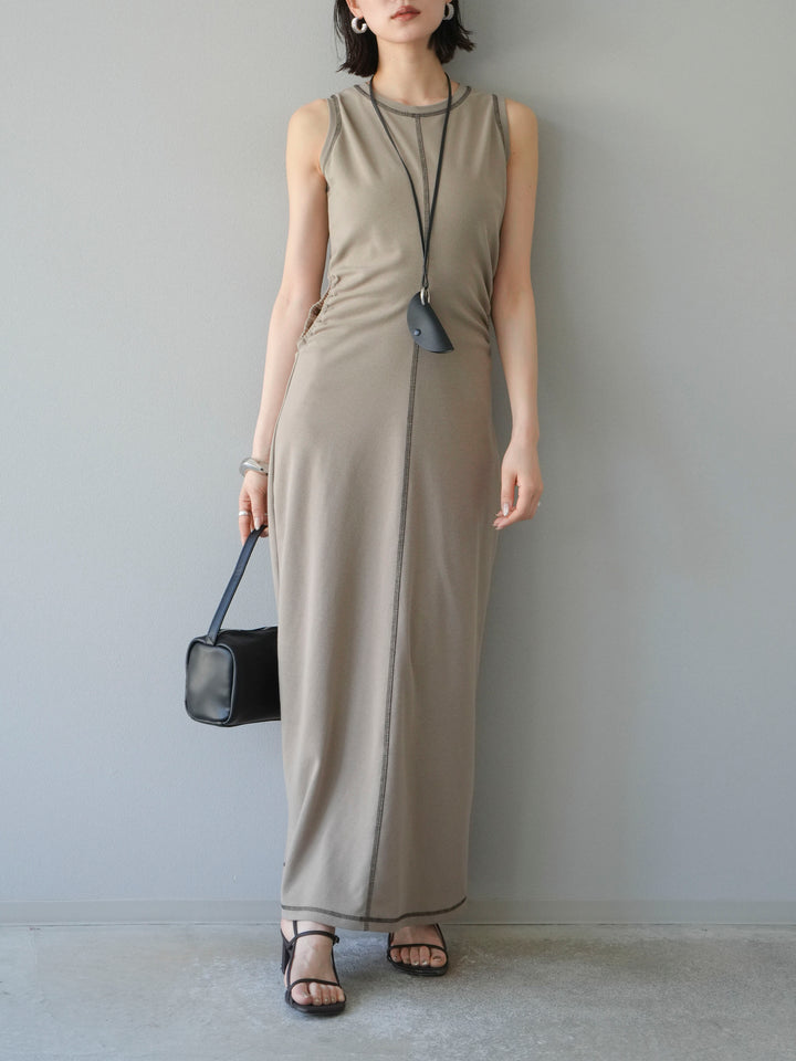 [予約]ウエストオープンステッチカットワンピース/ベージュ