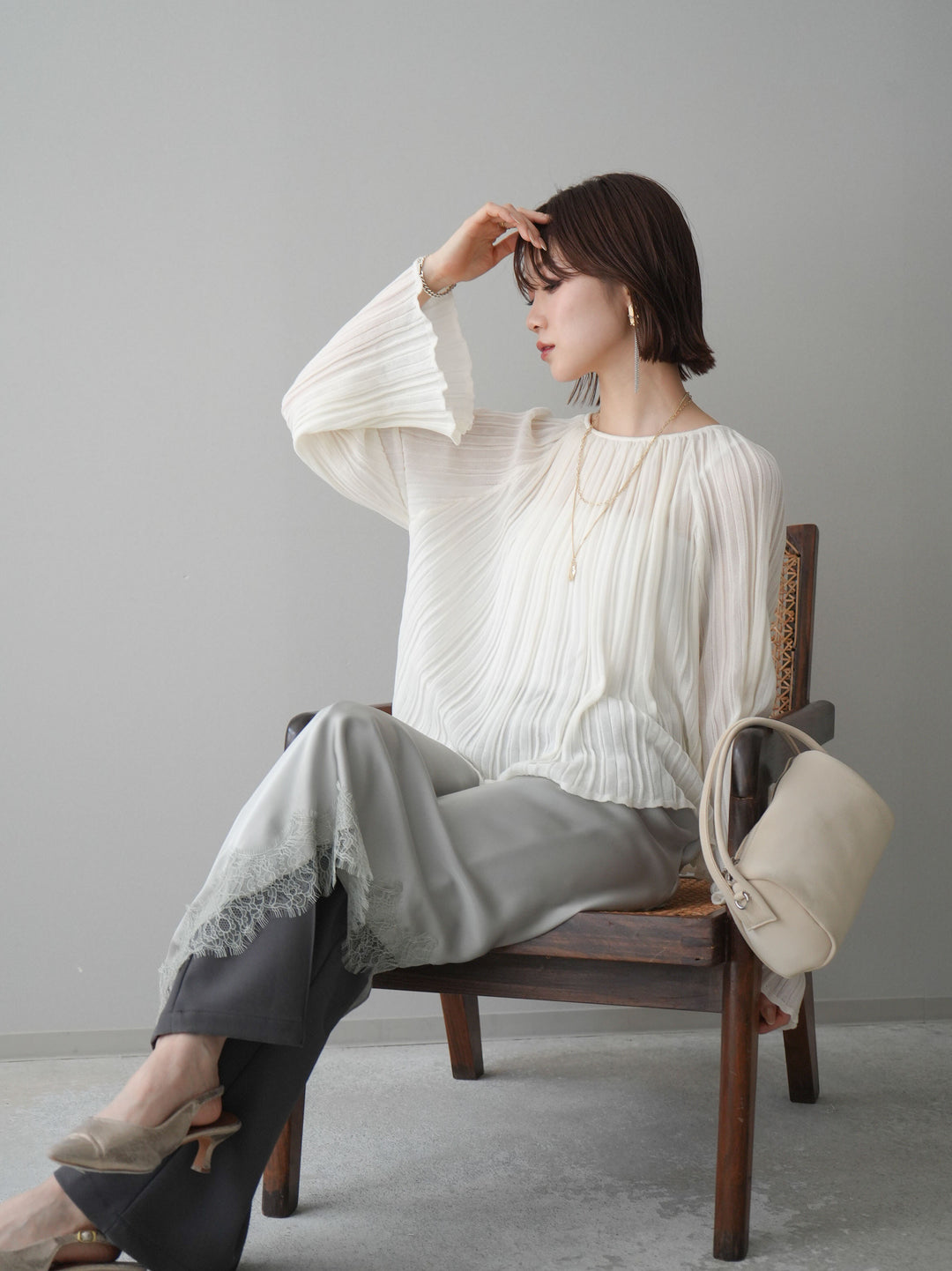 [SET]プリーツシアーフレアスリーブニットトップス+選べるアクセセット(2set)