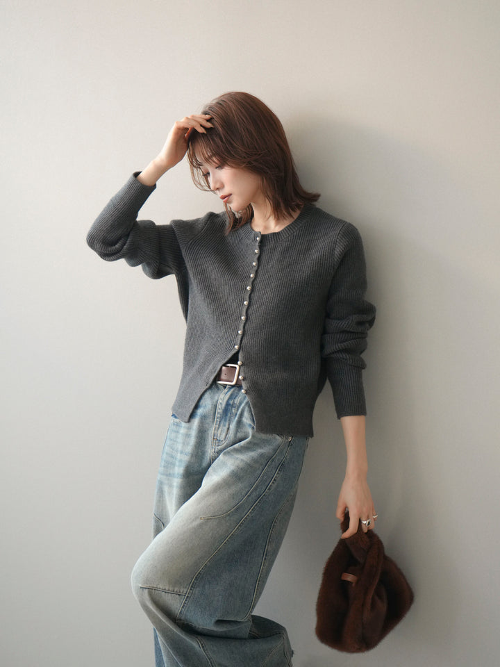 [予約]シルバーボタン畦編みニットカーディガン/charcoal