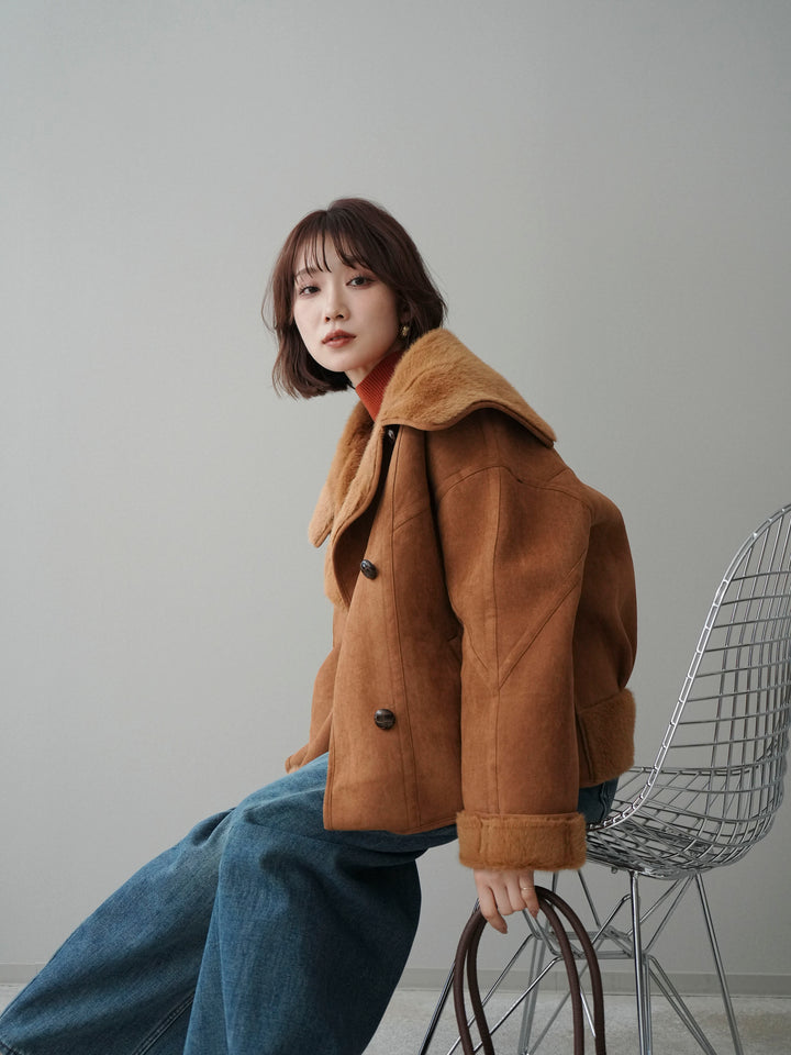 [SET]ムートンショートジャケット+ベルト付裏起毛カーブデニムパンツ(2set)