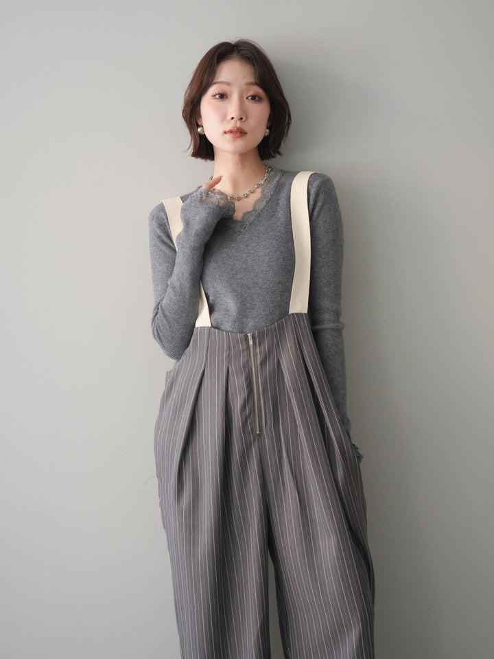 [予約]レースドッキングVネックニットトップス/gray