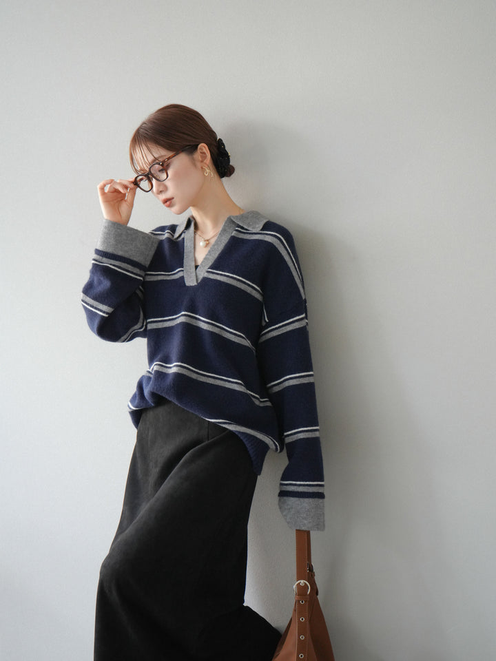 [SET]ポロ襟スキッパーボーダーニットプルオーバー+スウェードIラインスカート(2set)