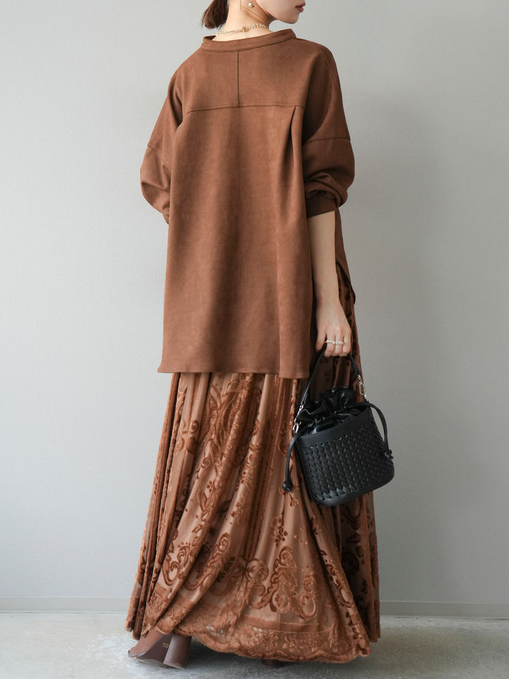 [SET]スエードバンドカラーオーバーシャツ+アンティーク柄フロッキーマキシスカート(2set)