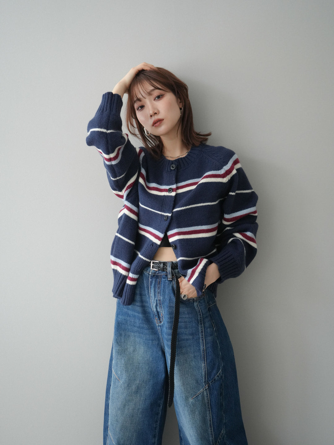 [予約]ランダムボーダーニットカーディガン/navy