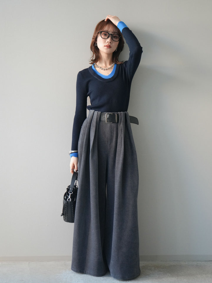 [SET]Uネック配色レイヤードリブニットトップス+ベルトデザインループコールテンワイドパンツ(ベルト付き)(2set)