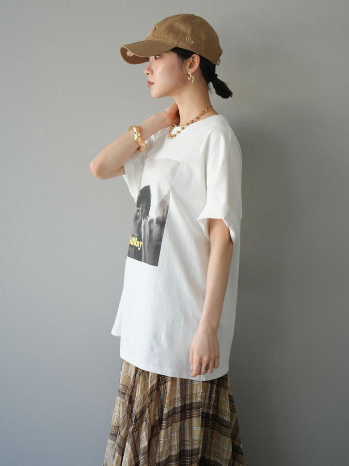 [SET]ネオンロゴフォトプリントBIG Tシャツ+シアーチェックアシンメトリーワッシャースカート(2set)