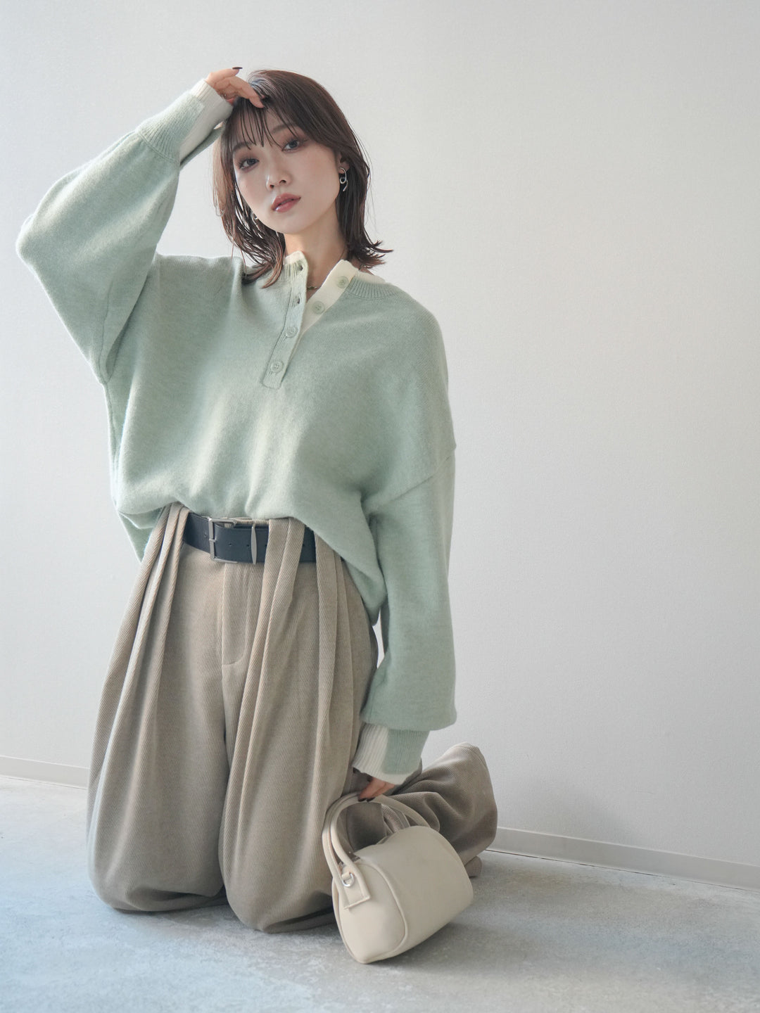 [予約]ヘンリーネック配色レイヤードニットプルオーバー/mint