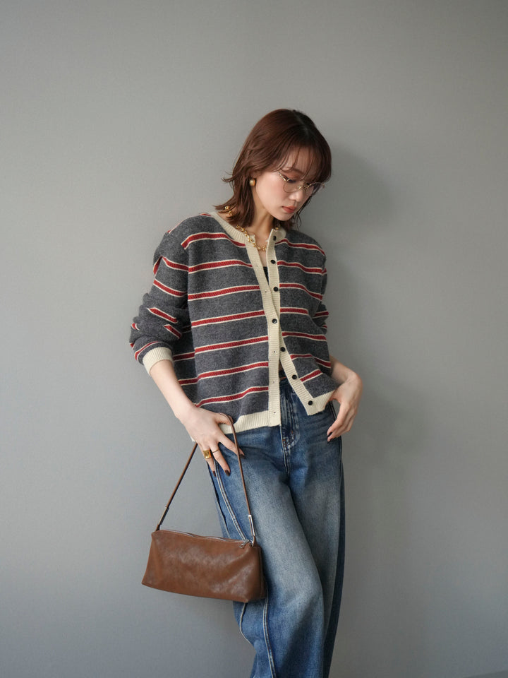 [予約]配色ボーダーニットカーディガン/gray