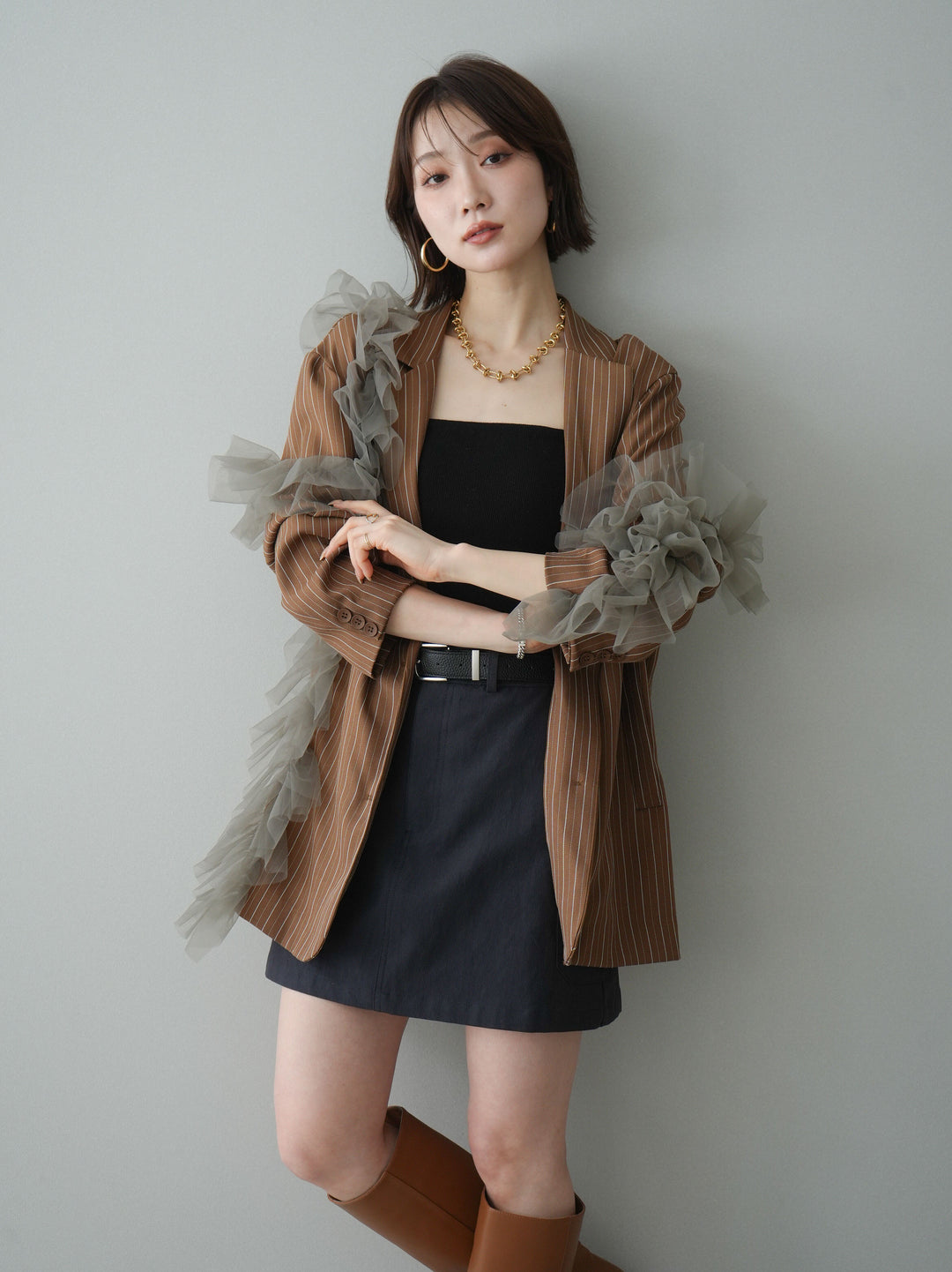 [予約]アシンメトリーチュールストライプジャケット/goldbrown