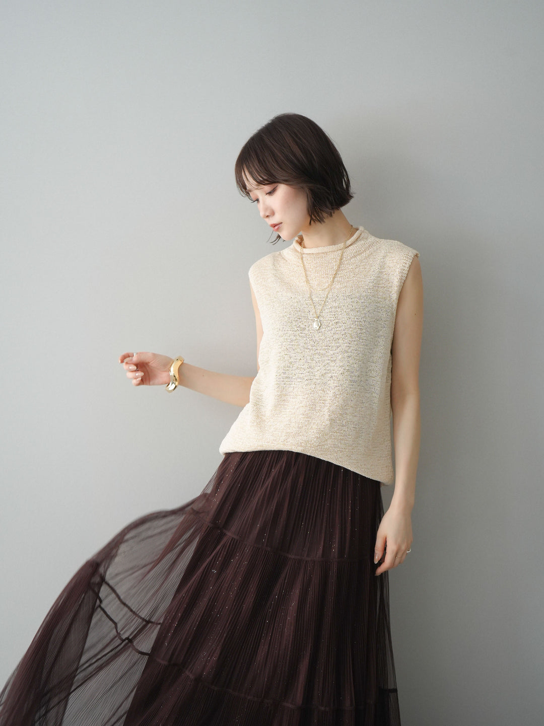 [予約]ノースリーブリネンタッチシアーニットプルオーバー/beige