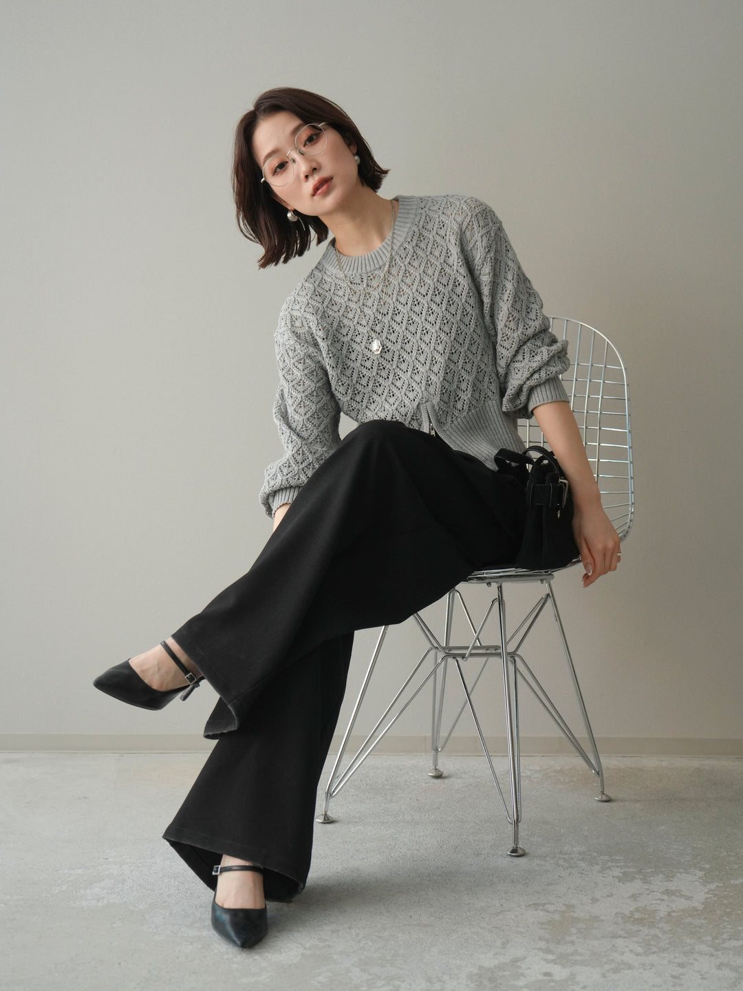 [予約]透かし編みフロントジップスリットニットプルオーバー/gray