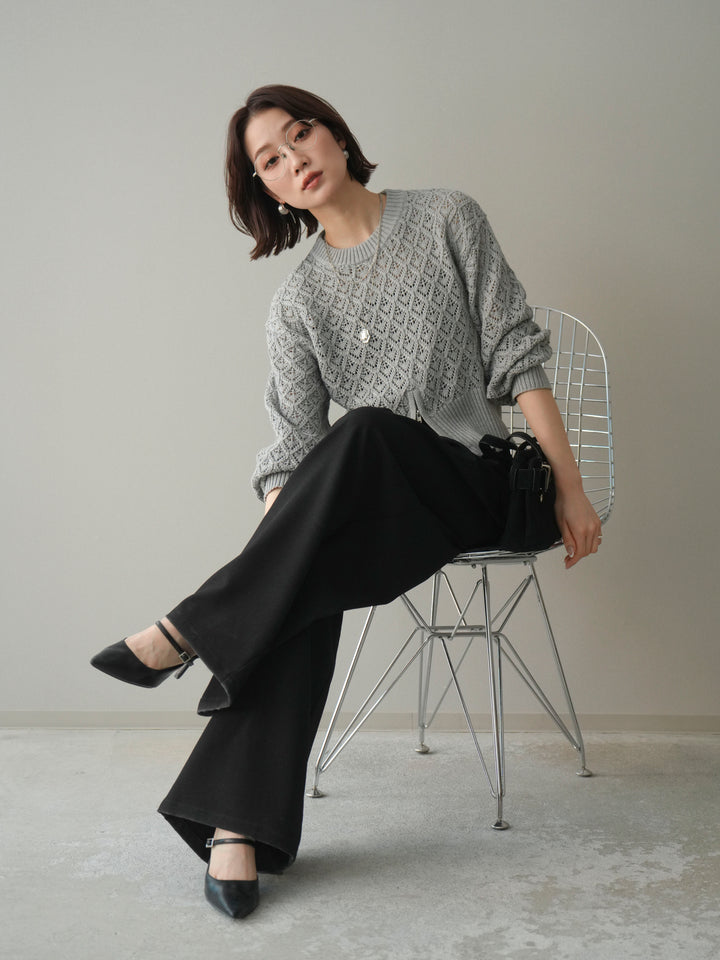 [予約]透かし編みフロントジップスリットニットプルオーバー/gray