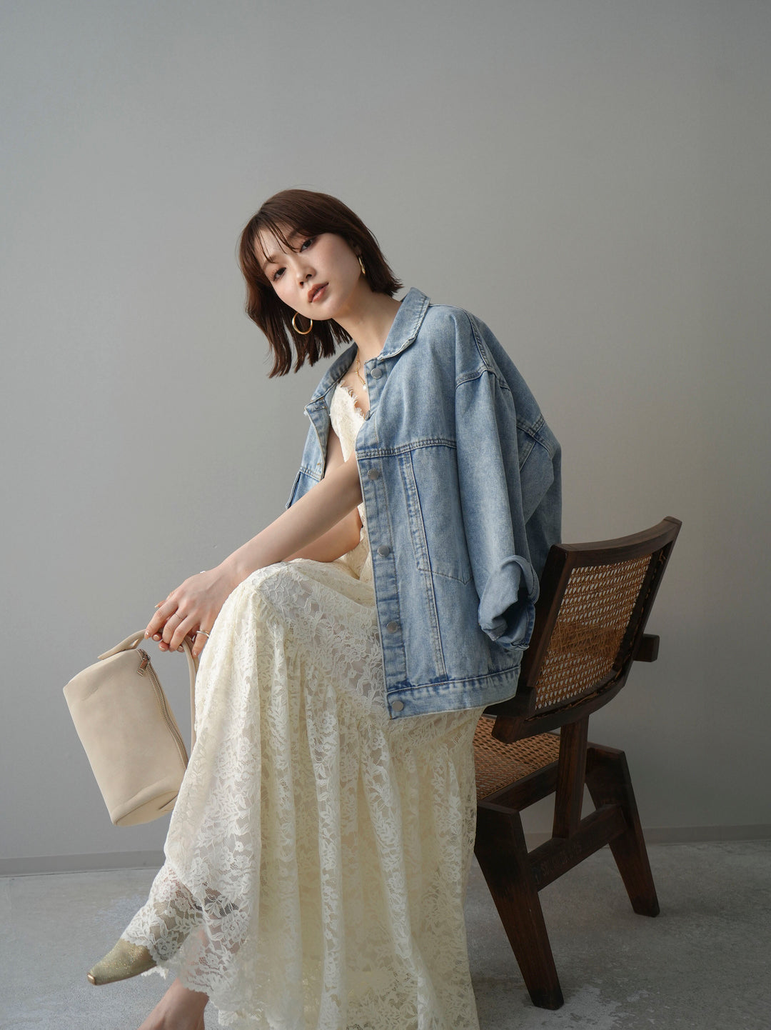 [SET]ギャザー切替レースキャミワンピース+デザインBIGポケットオーバーデニムジャケット(2set)