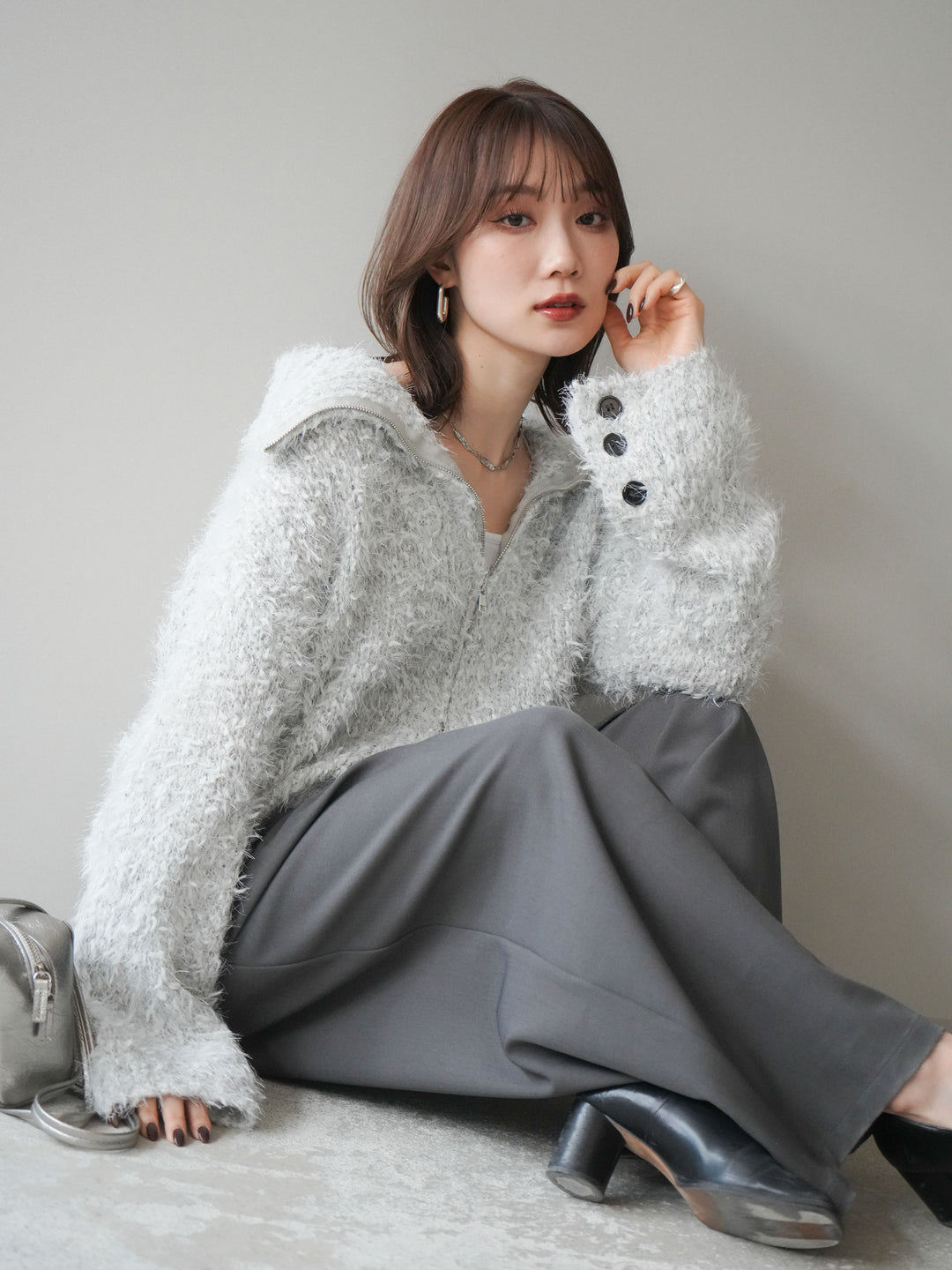 [予約]ミックスシャギージップニットカーディガン/ivory