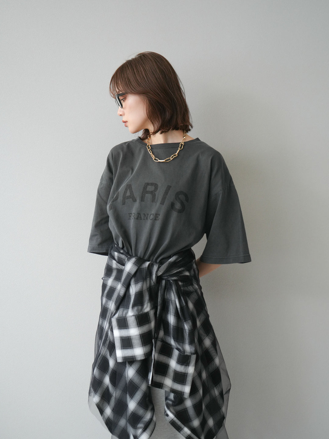 [SET]ピグメントロゴプリントTシャツ+2WAYデザインスウェットパンツ+チュールドッキングチェック柄オーバーサイズシャツ(3set)