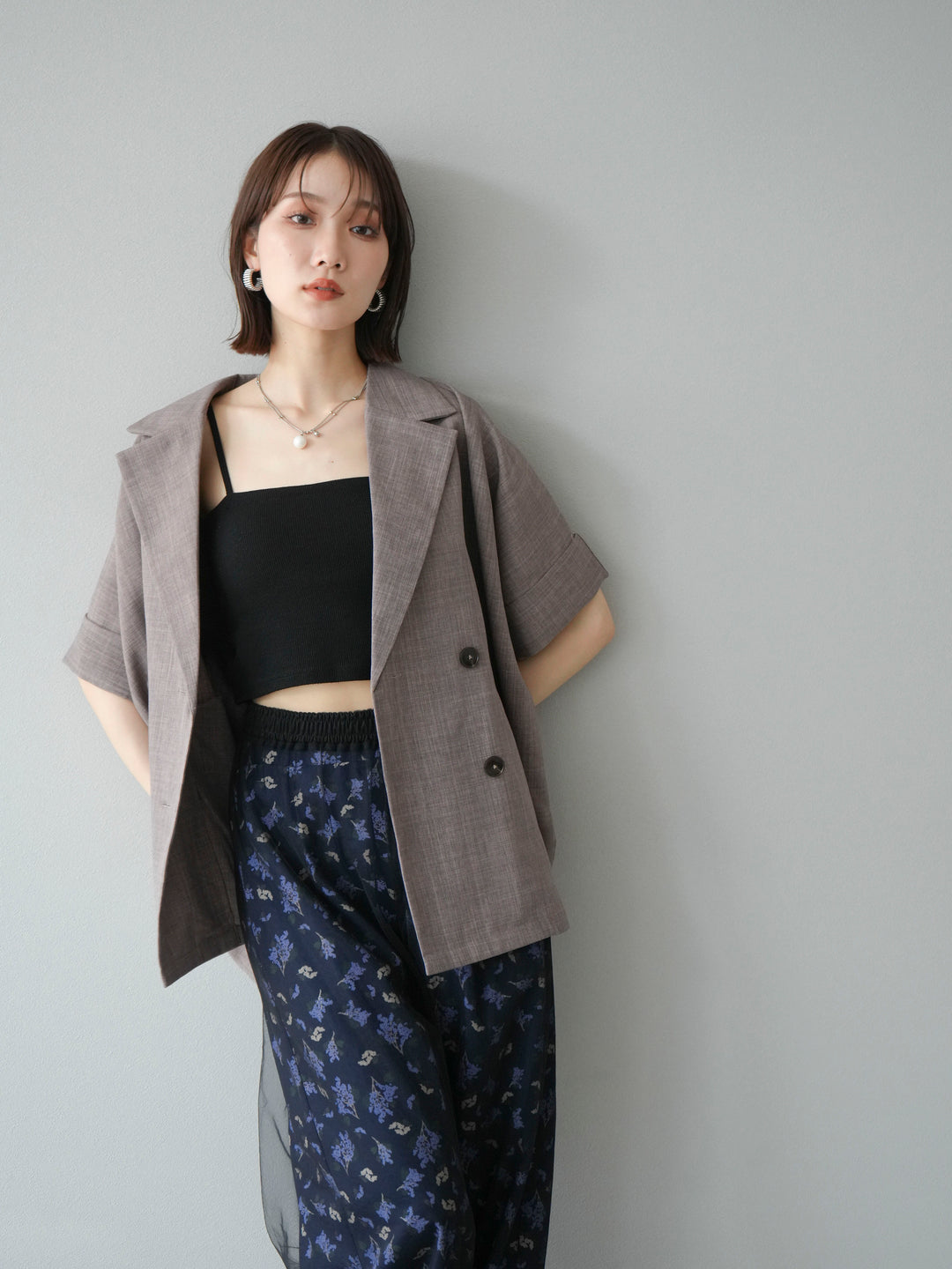 [SET]リネンライクハーフテーラードジャケット+コード刺繍チュールレイヤードパンツ(2set)