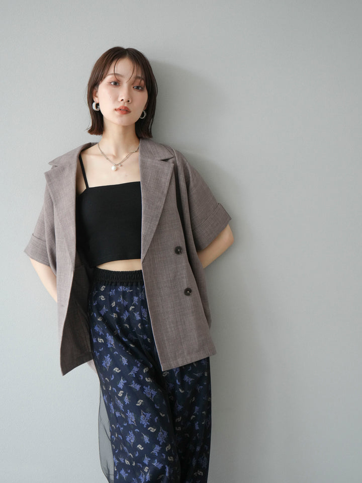 [SET]リネンライクハーフテーラードジャケット+コード刺繍チュールレイヤードパンツ(2set)