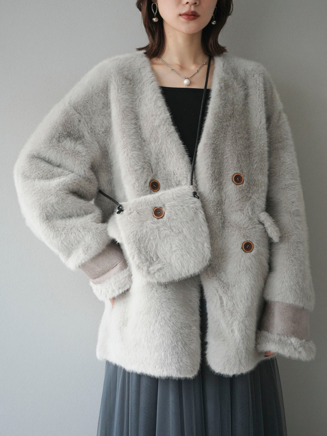 [SET]バッグ付エコファーノーカラーコート+チュールボリュームスカート(2set)