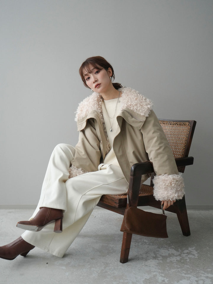 [SET]プードルファーダウンジャケット+アンゴラタッチボートネッククロップドプルオーバー+ウエストベルトカーブラインスエットパンツ(3set)