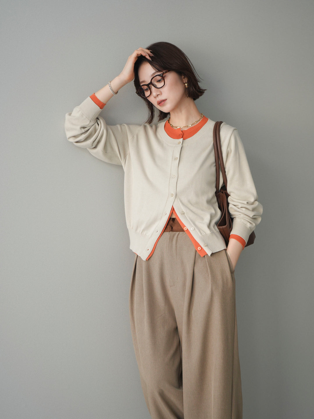 [予約]配色レイヤードコットンアクリルニットカーディガン/ivory