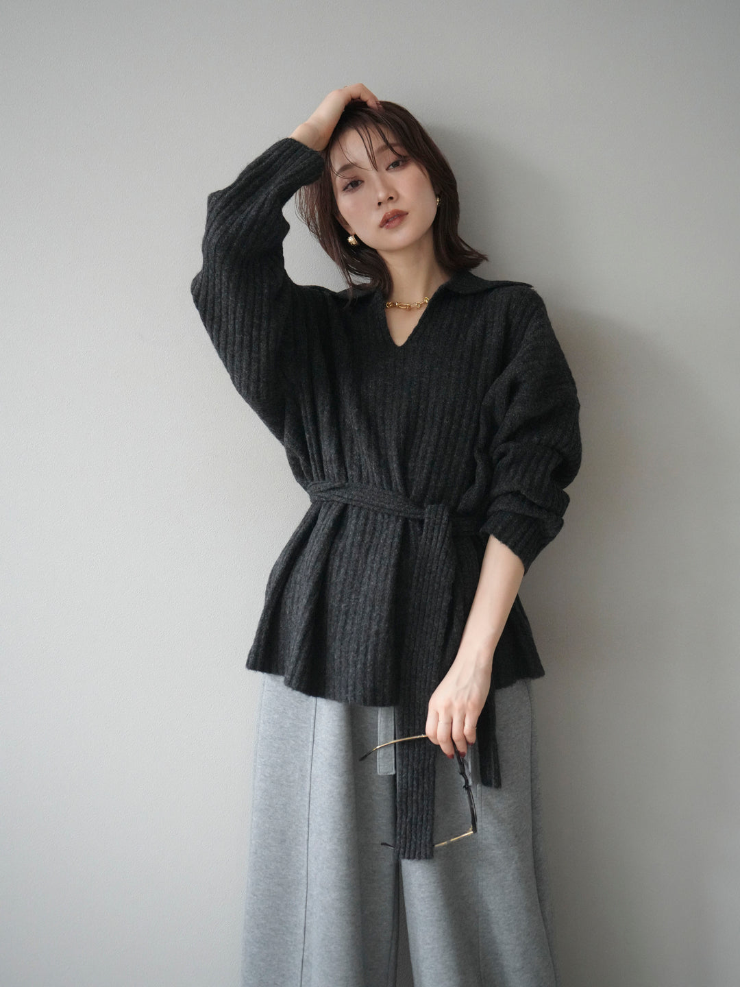 [予約]ワイドリブポロニットプルオーバー/darkgray