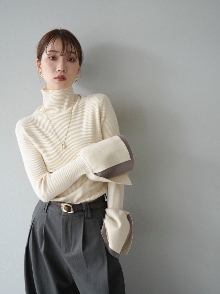 [SET] 疊層喇叭袖高領針織上衣 + 雙褶寬褲 (2 套)