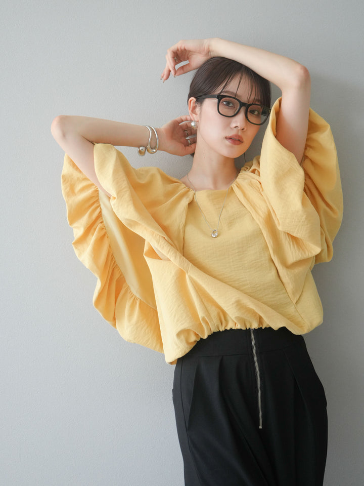[SET] 燈籠袖褶襉設計上衣 + 拉鍊褶襉寬褲 (2 套)