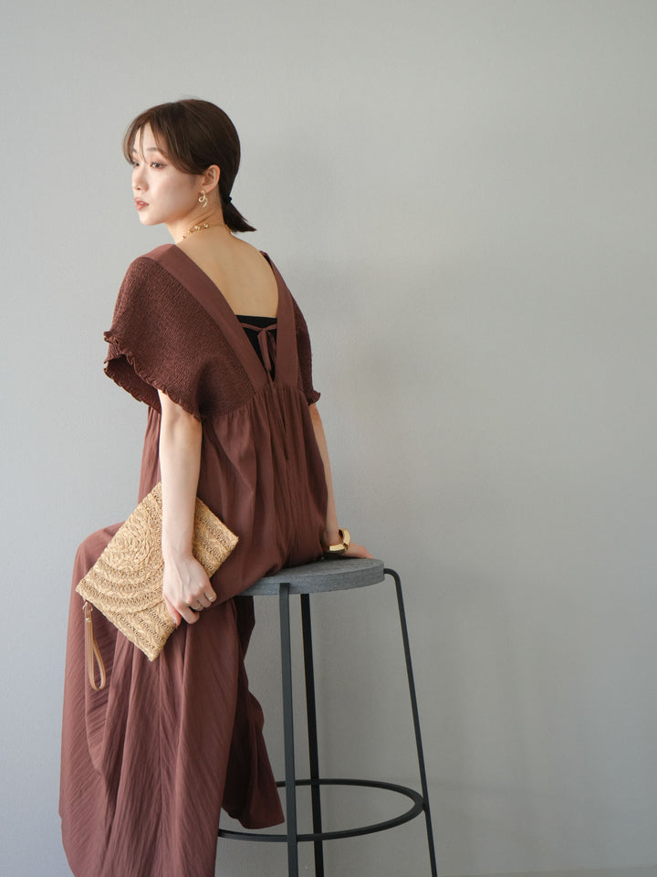 [SET] 褶皺V領連身裙 + 褶皺V領連身裙 (2件套)