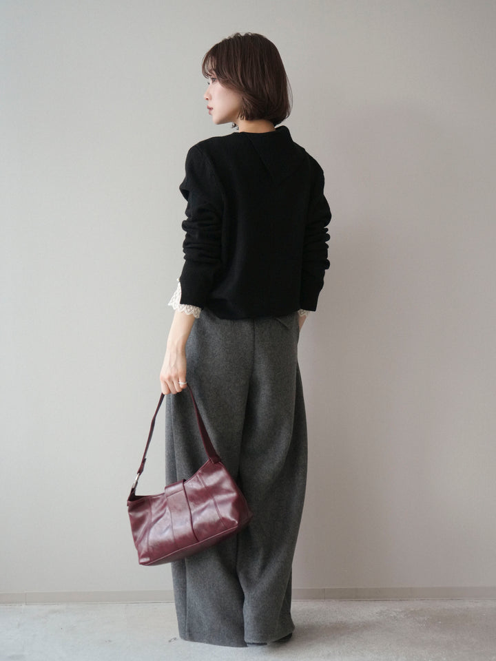 [SET]袖レースパール付き配色ニットトップス+ウールタッチカーブパンツ(2set)