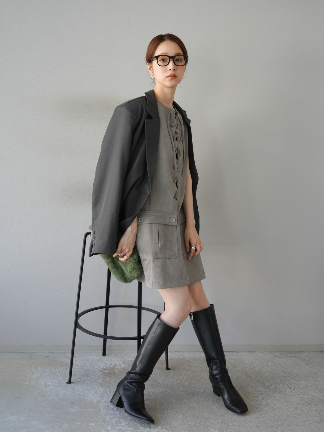 [予約]レースアップスエードミニワンピース/グレー